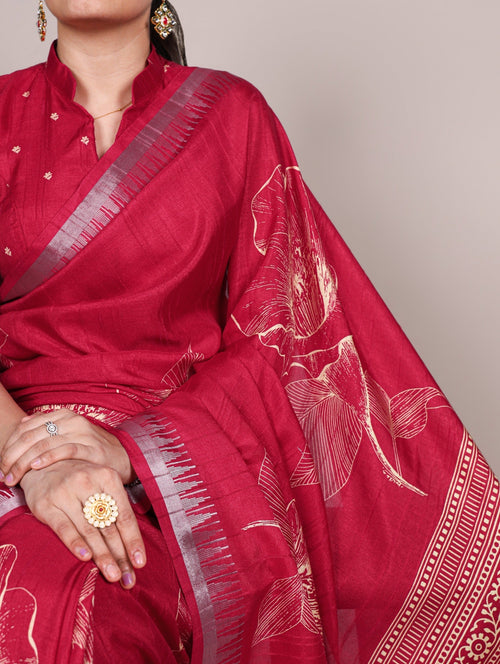 Carmine Red Silk Floral Printed Saree
