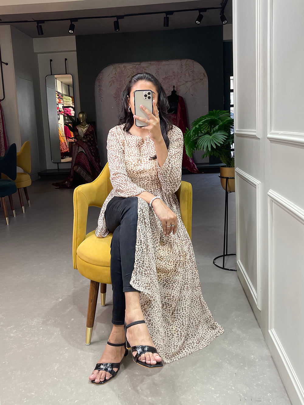 White Color Animal Print Chiffon Kurti