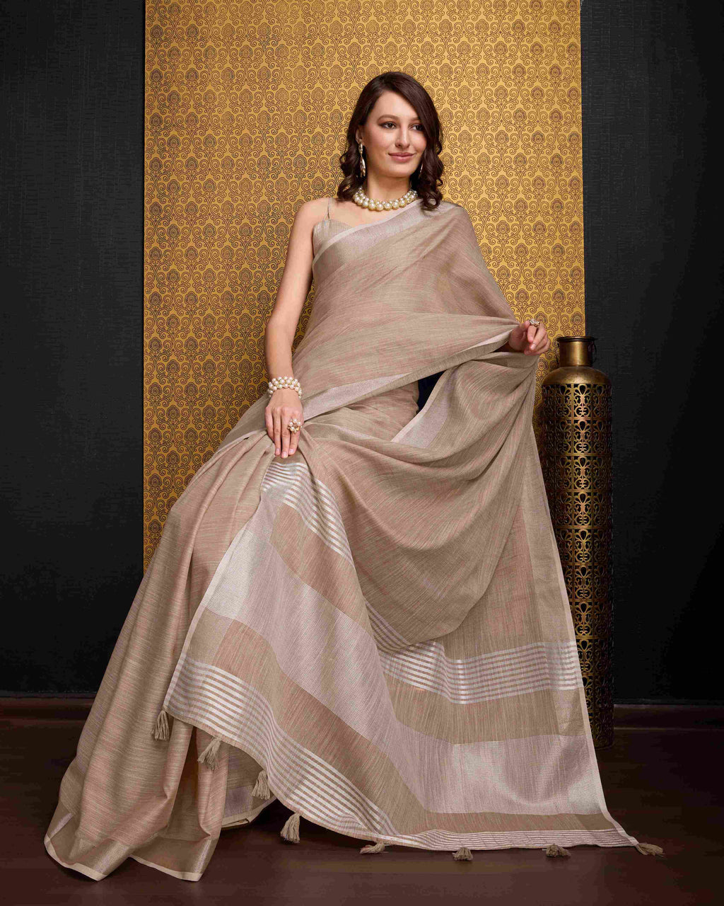 Chiku Elegant Solid Saree with Zari Border – Timeless Grace