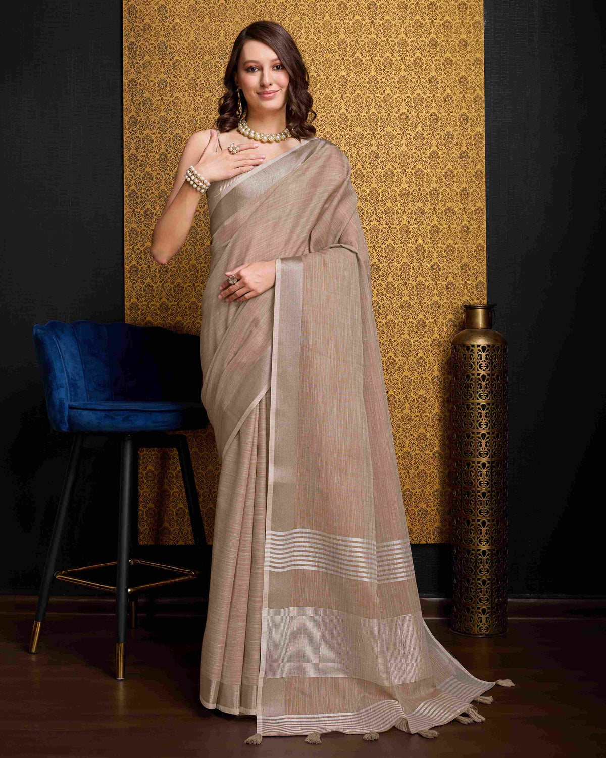 Chiku Elegant Solid Saree with Zari Border – Timeless Grace