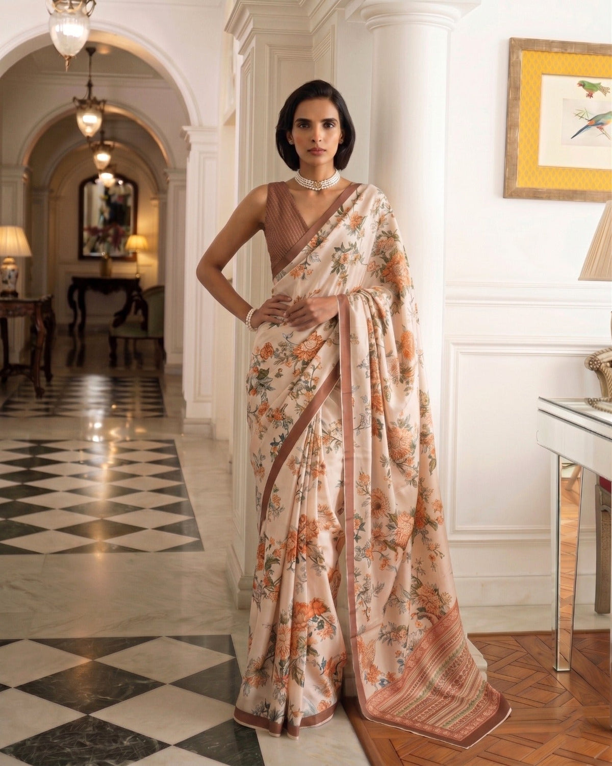 Chiku Tasar Silk Floral Print Saree
