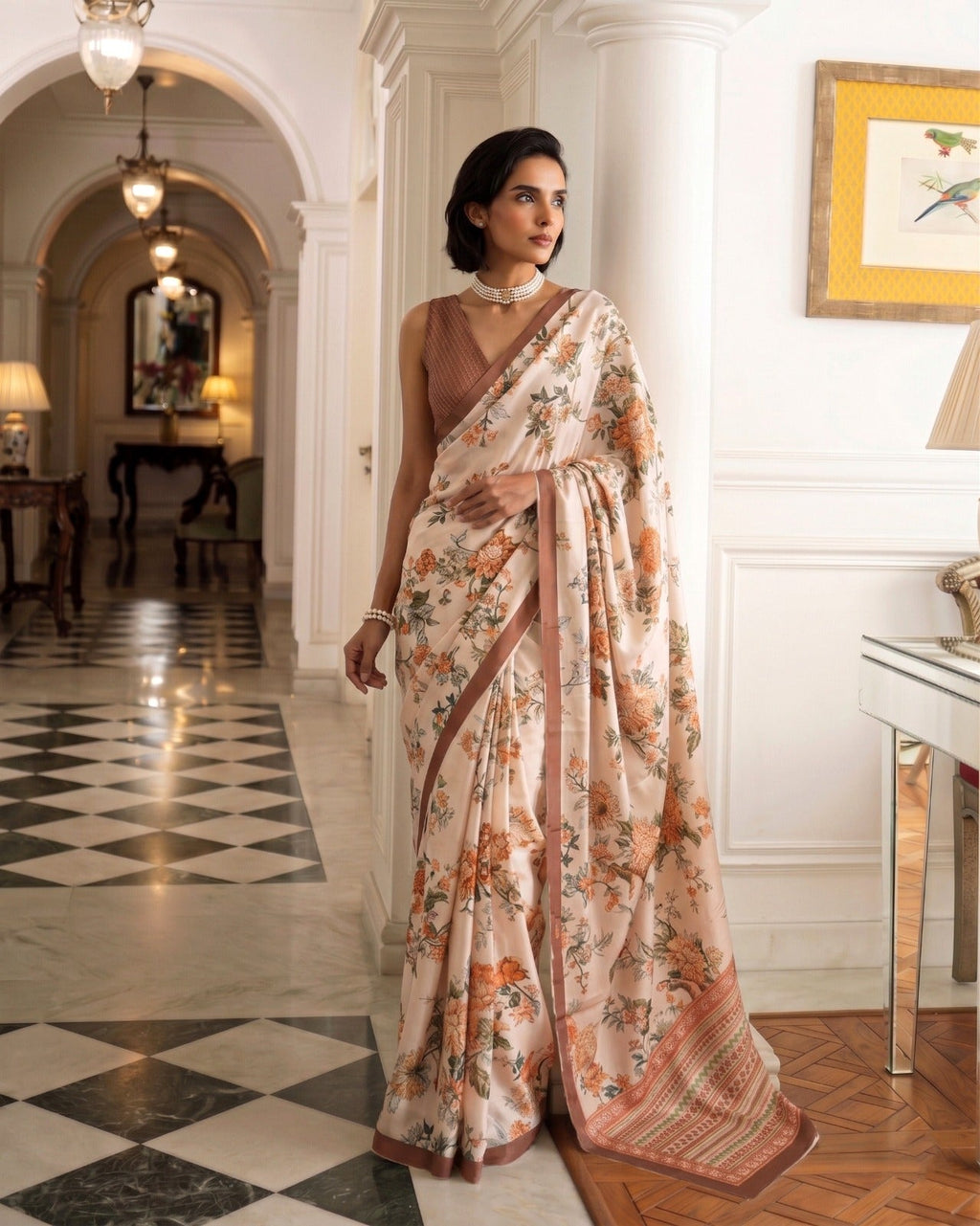 Chiku Tasar Silk Floral Print Saree