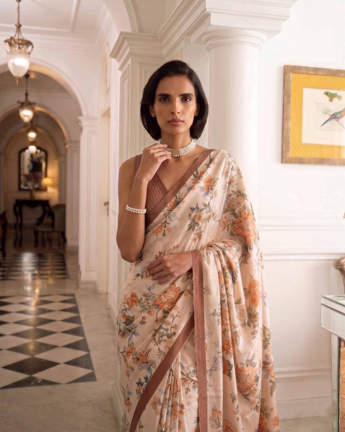Chiku Tasar Silk Floral Print Saree