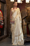 Cream Elegant Pure Satin Handloom Saree with Unstitched Blouse Piece