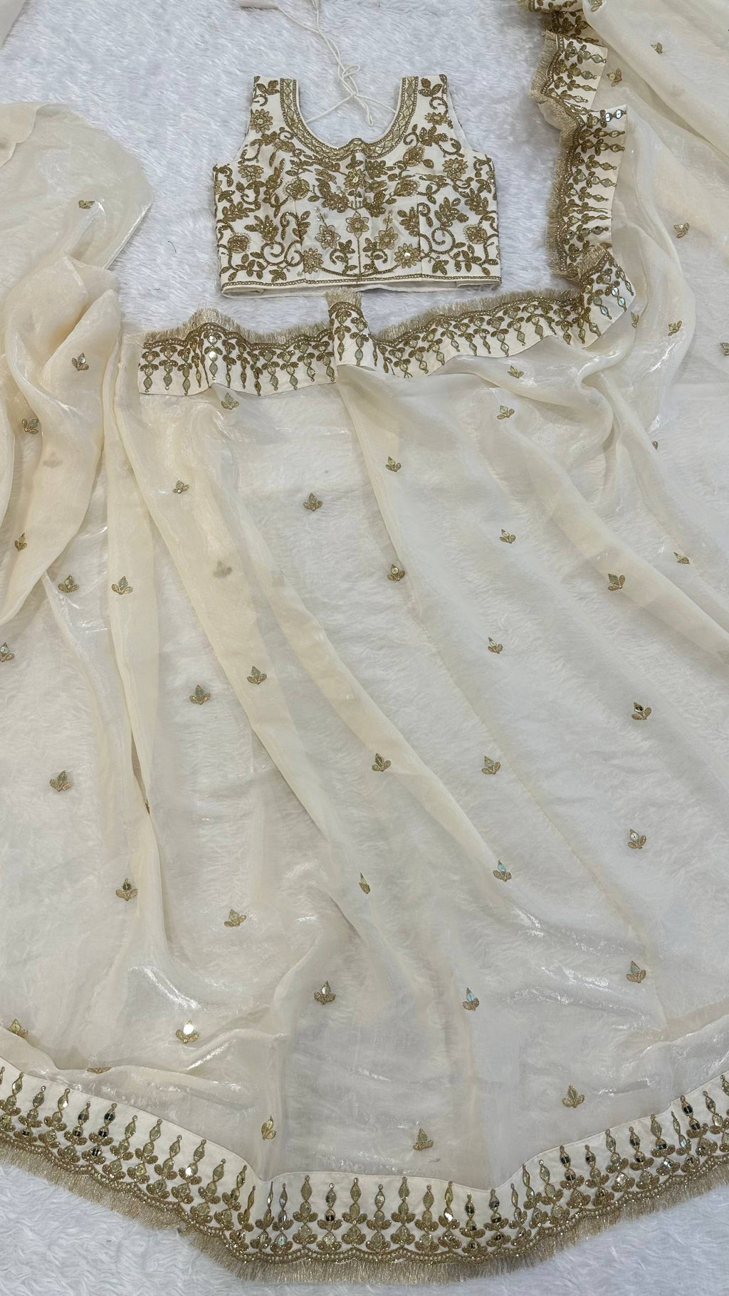 Cream Glass Satin Silk Saree