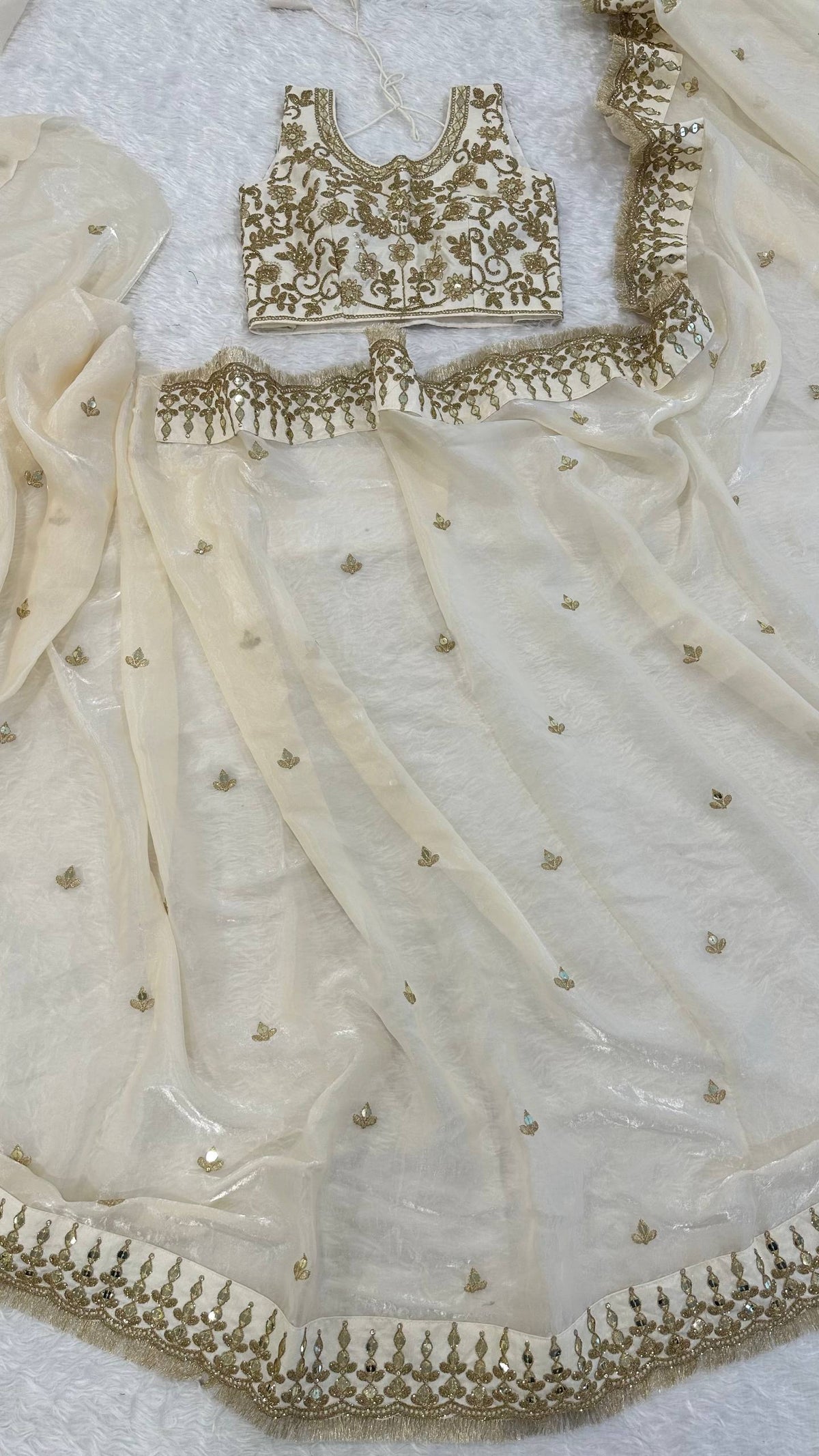 Cream Glass Satin Silk Saree