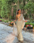 Cream Glass Satin Silk Saree