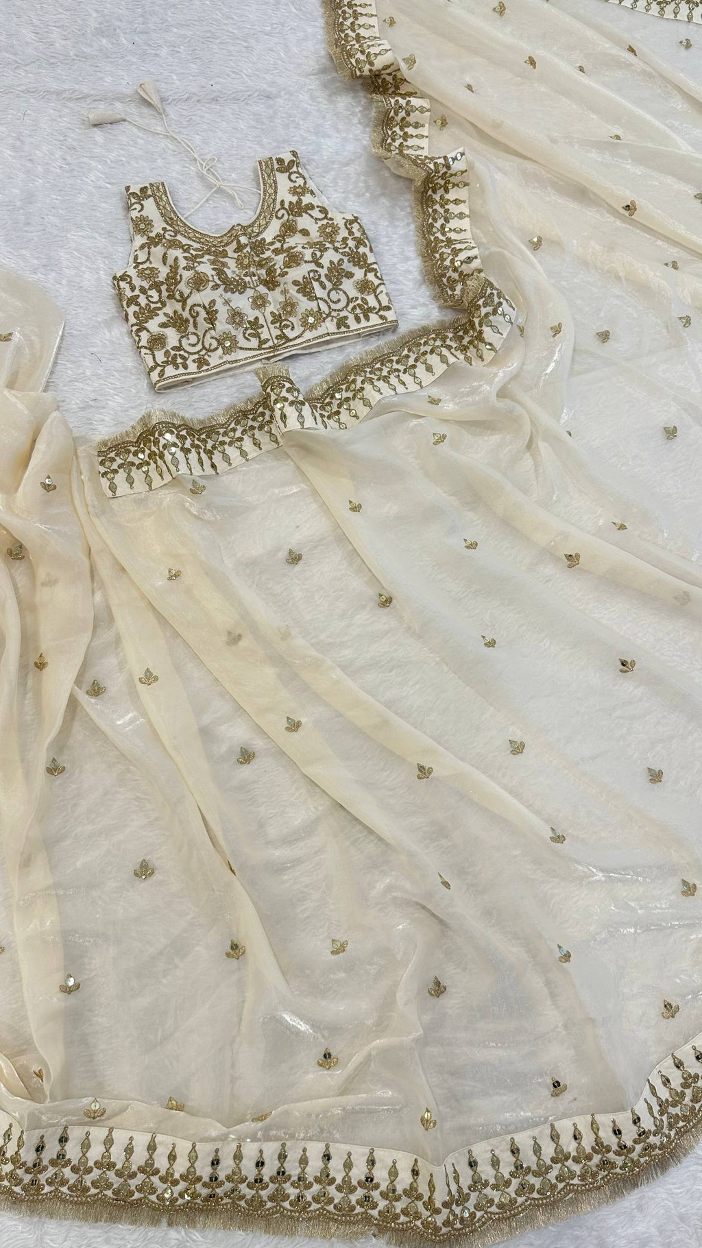 Cream Glass Satin Silk Saree