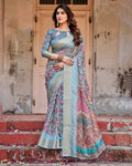 Sky Blue Tussar Silk Saree with Floral Weaves and Ornamental Pallu Design