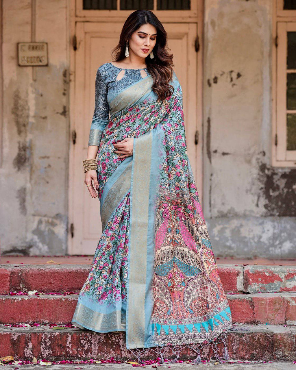 Sky Blue Tussar Silk Saree with Floral Weaves and Ornamental Pallu Design