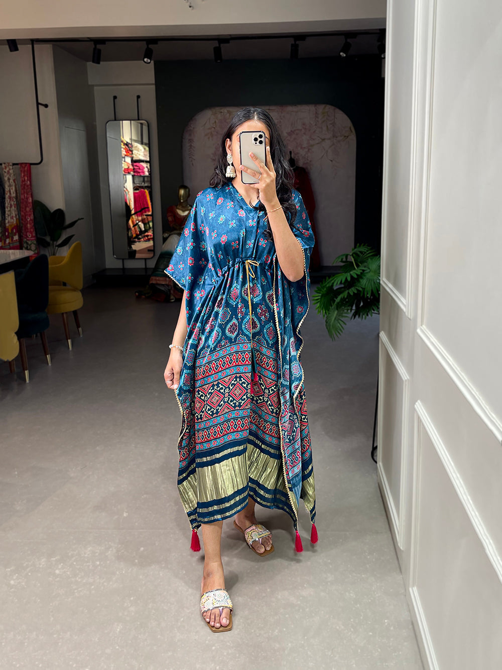 Teal Color Digital Print With Gotta Patti Lace Border Gaji Silk Kaftan