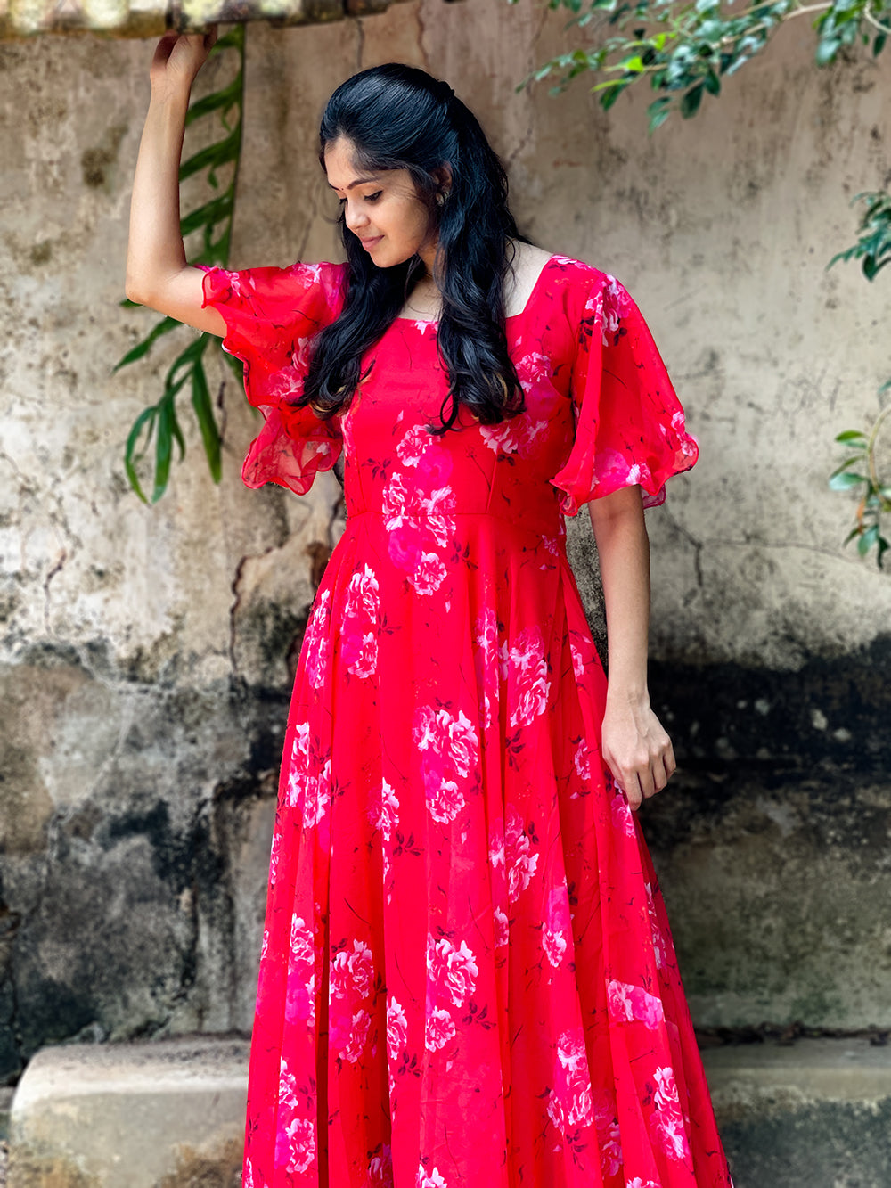 Red Color Digital Printed Georgette Gown