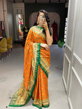 Orange Color Foil Printed And Stone Work Dola Silk Saree