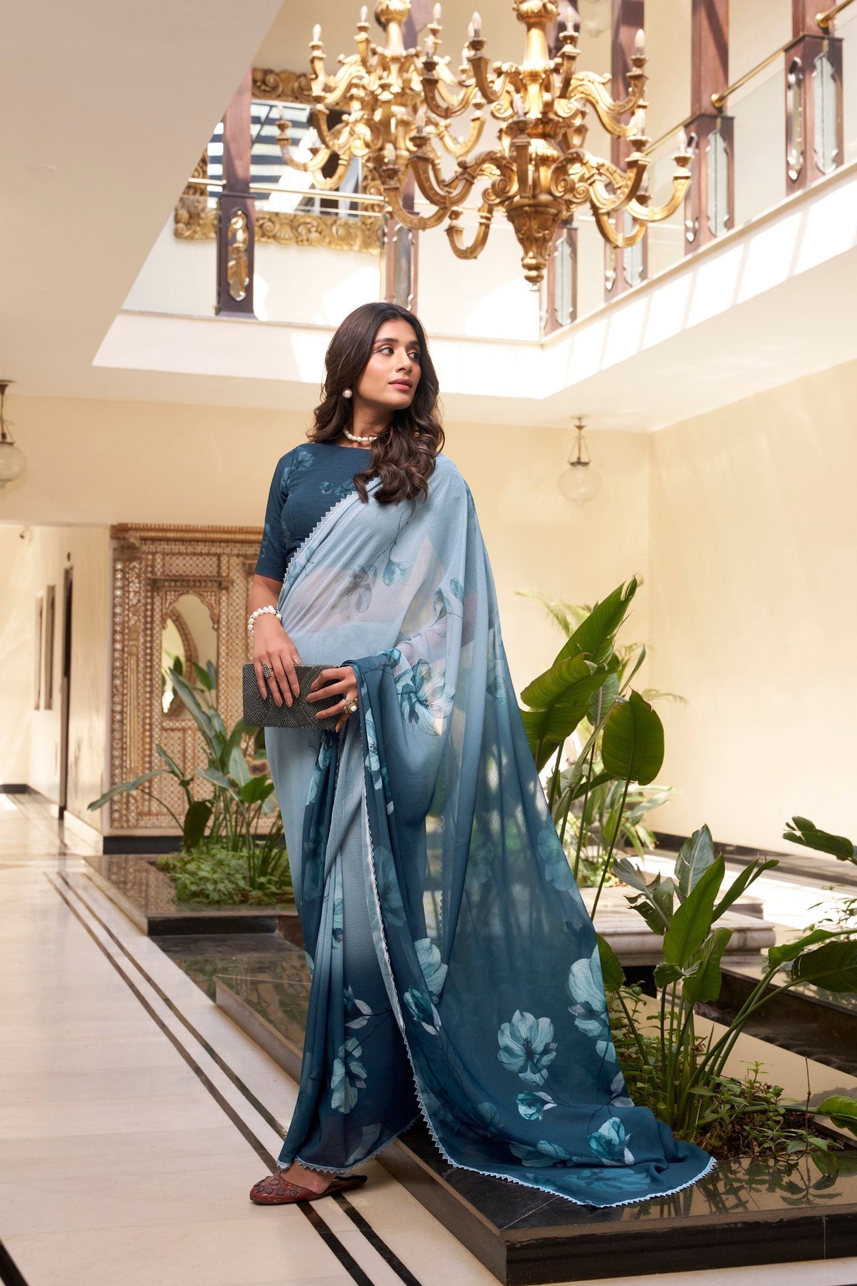 Dusty Blue Weightless Marbal Floral Printed Saree with Lace Border & Matching Blouse