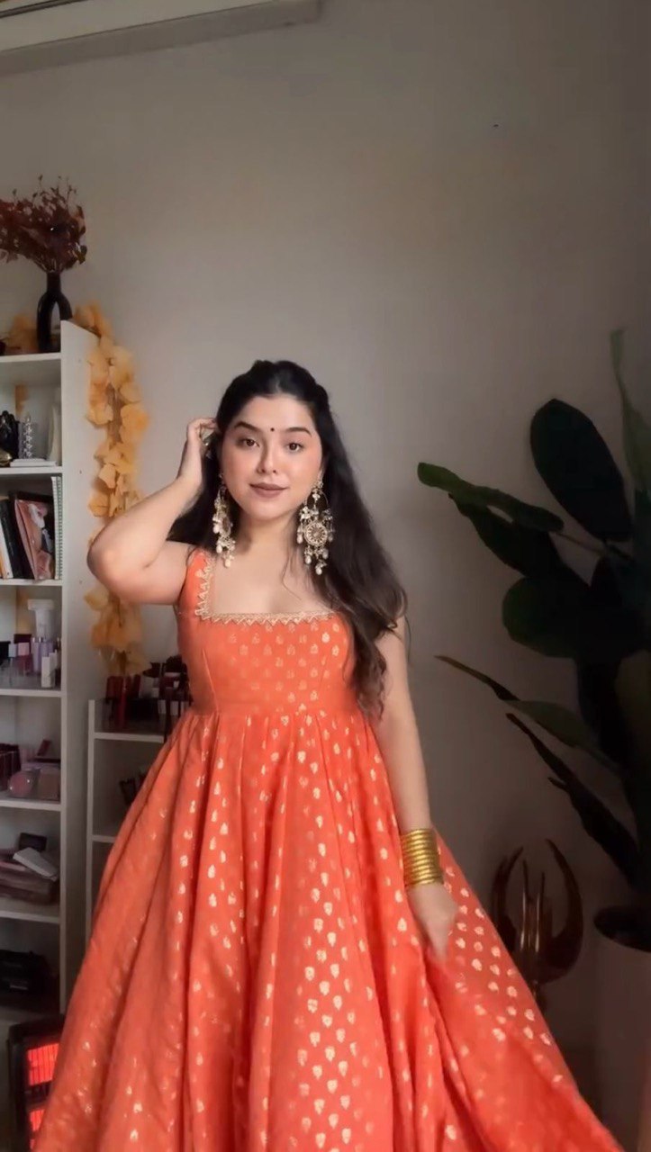 Orange Elegant Jacquard Silk Ensemble