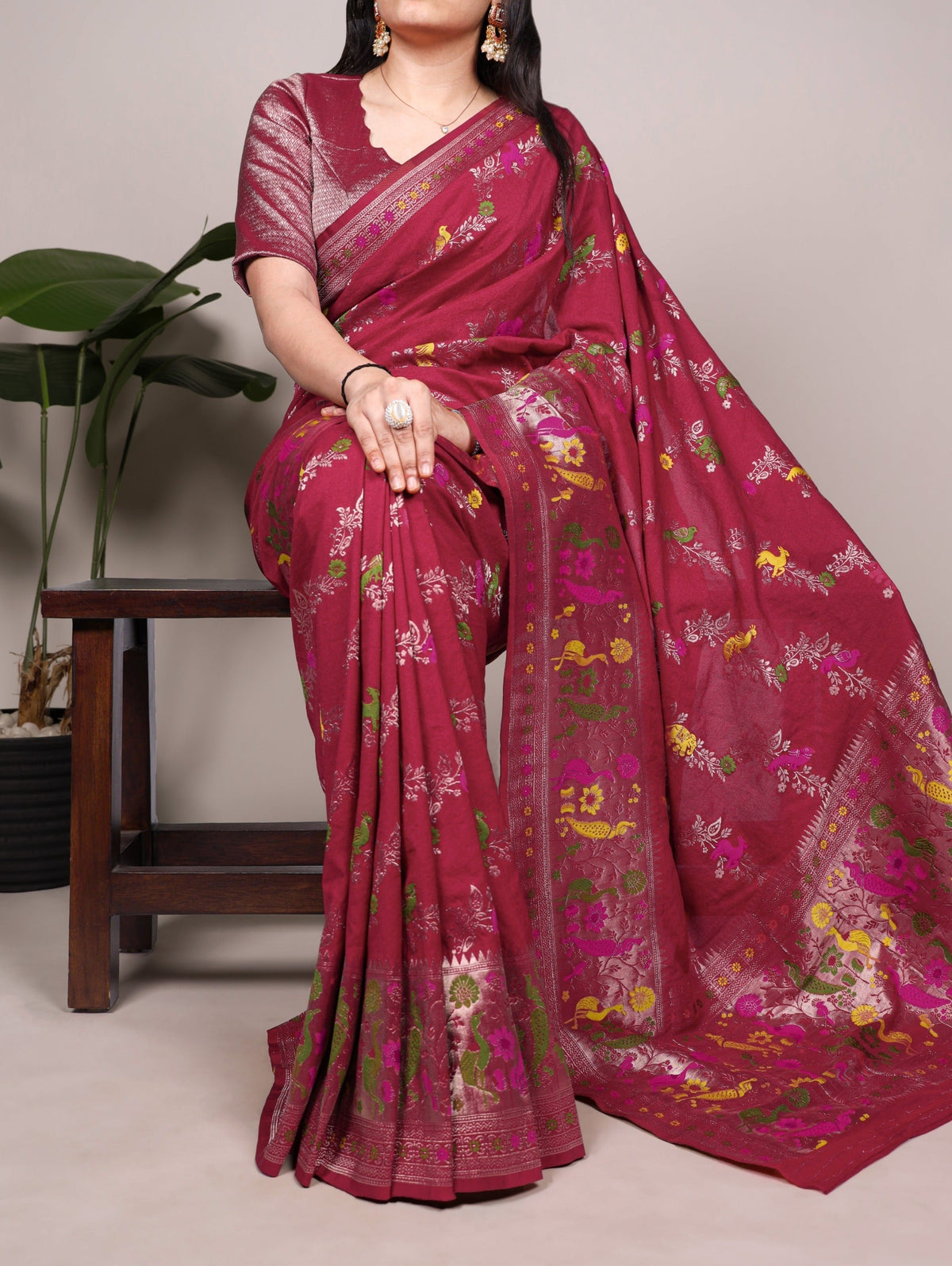 Dusty Red Nylon Weaving Work Saree