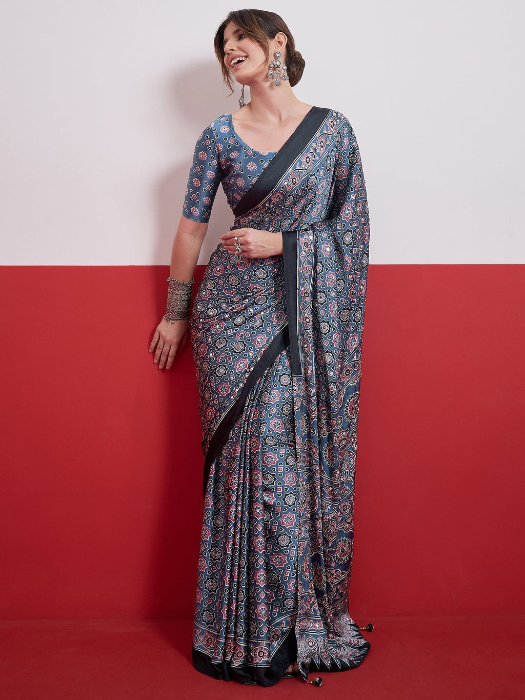 Elakshi Mirror Work Semi Modal Saree for Wedding & Party Wear