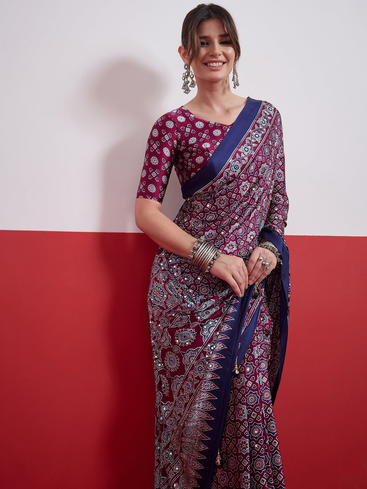 Elakshi Mirror Work Semi Modal Saree for Wedding & Party Wear