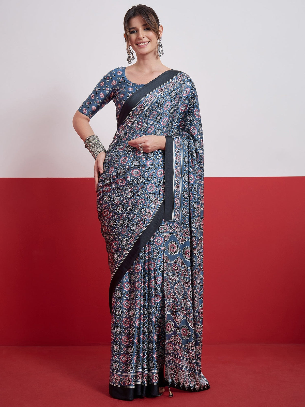 Elakshi Mirror Work Semi Modal Saree for Wedding & Party Wear