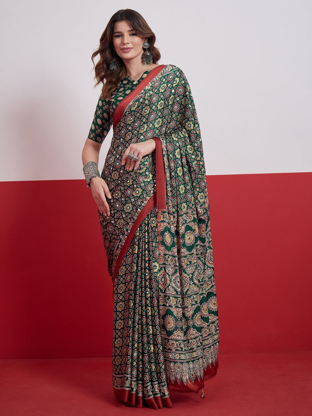 Elakshi Mirror Work Semi Modal Saree for Wedding & Party Wear