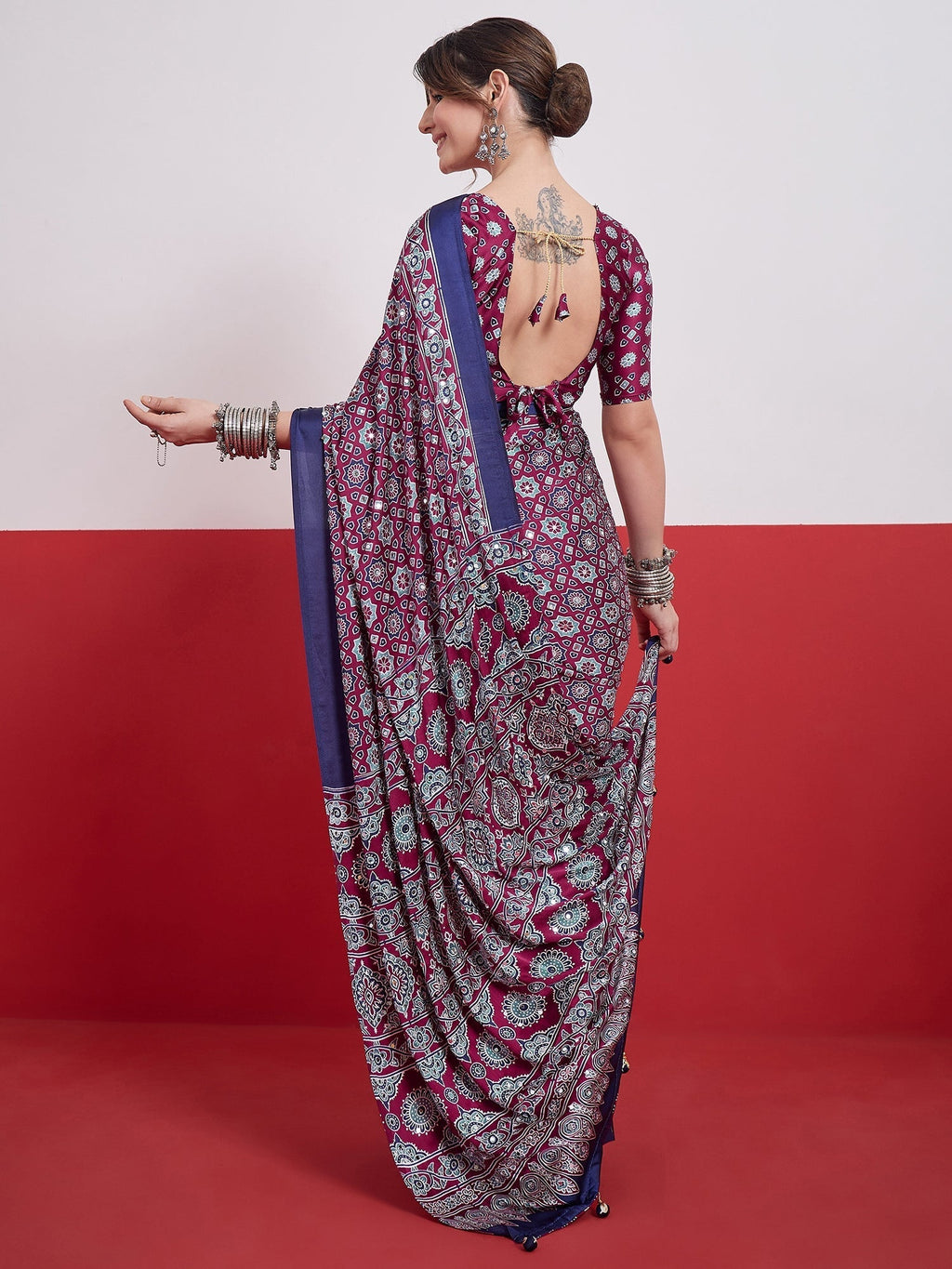 Elakshi Mirror Work Semi Modal Saree for Wedding & Party Wear