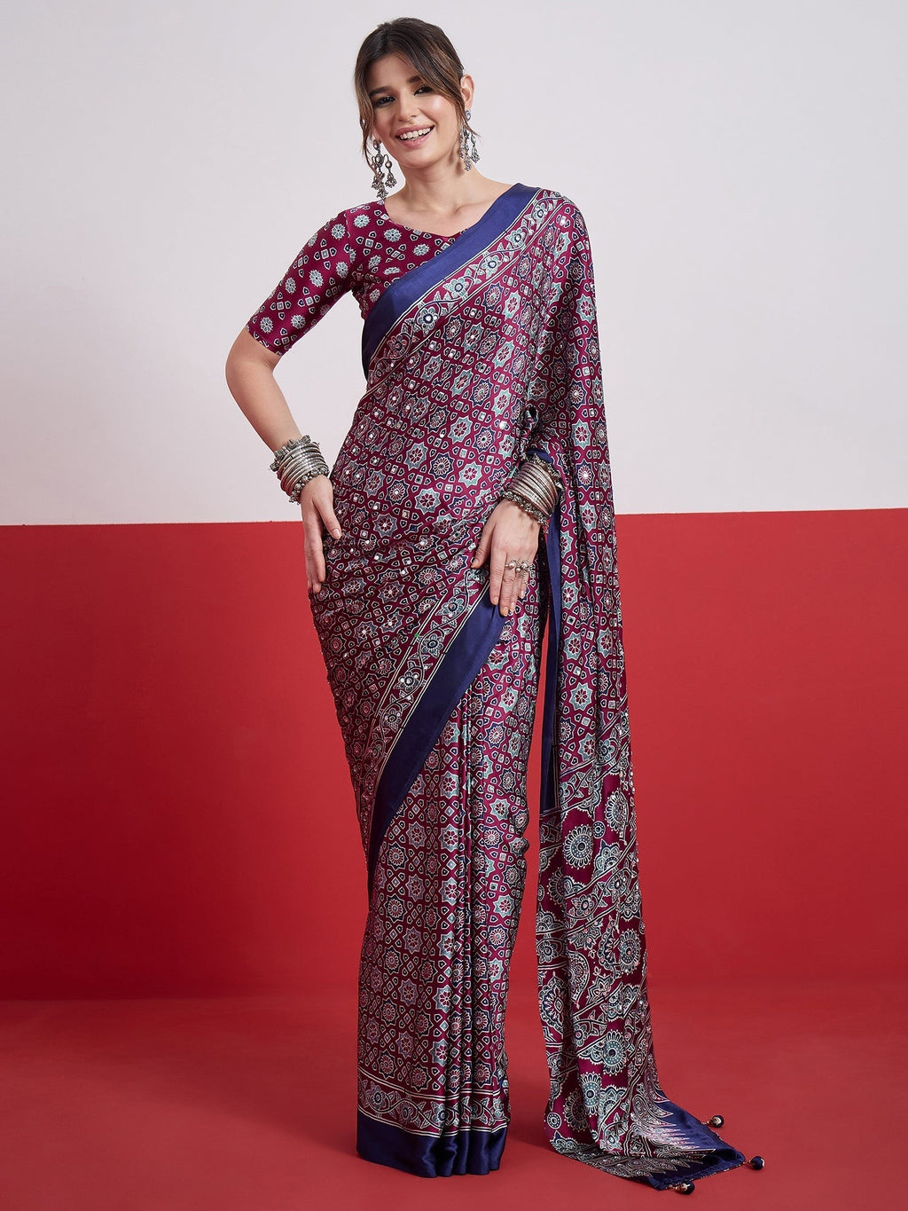 Elakshi Mirror Work Semi Modal Saree for Wedding & Party Wear