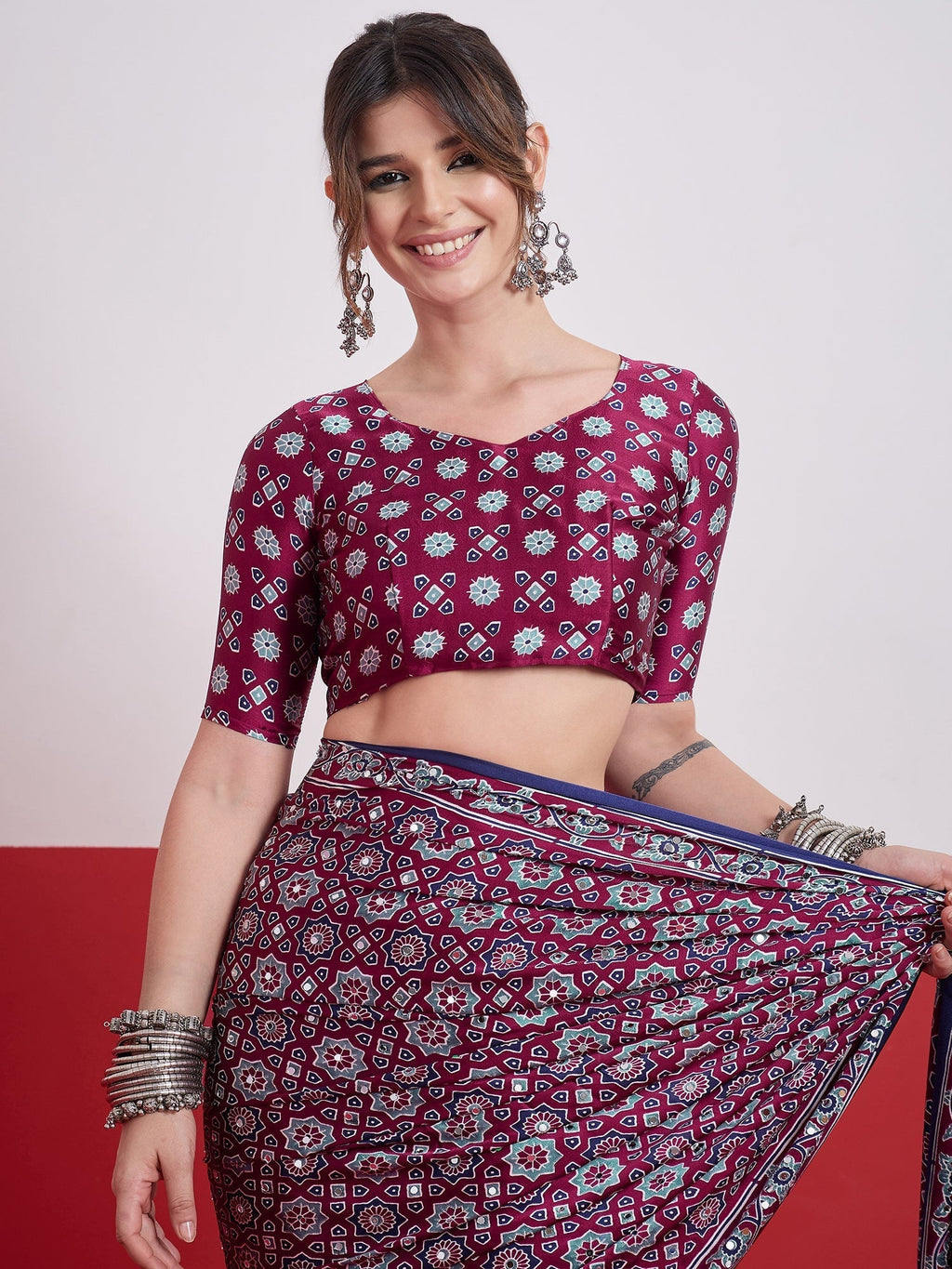 Elakshi Mirror Work Semi Modal Saree for Wedding & Party Wear