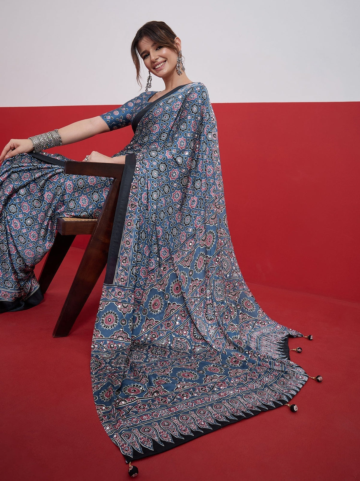 Elakshi Mirror Work Semi Modal Saree for Wedding & Party Wear