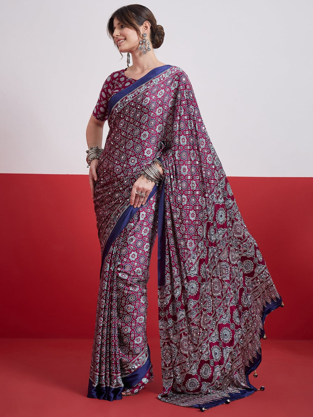 Elakshi Mirror Work Semi Modal Saree for Wedding & Party Wear