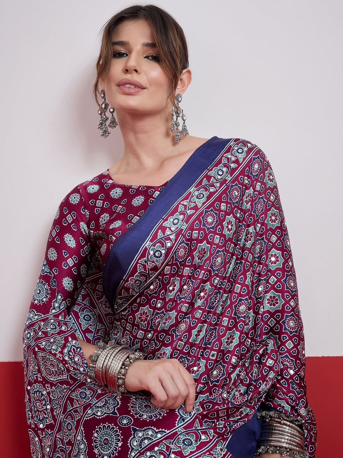 Elakshi Mirror Work Semi Modal Saree for Wedding & Party Wear
