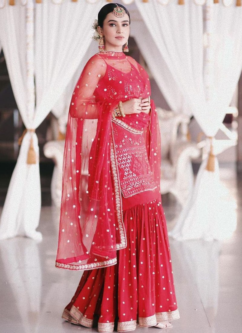 Elegant Thread & Sequence Embroidered Georgette Red Sharara Set