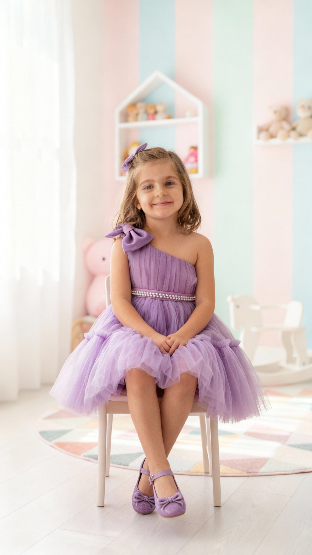 Girls Lavender One-Shoulder Party Dress with Bow & Pearl Waist Belt