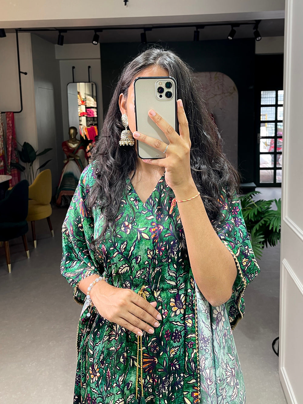 Green Color Digital Printed Gaji Silk Kaftan