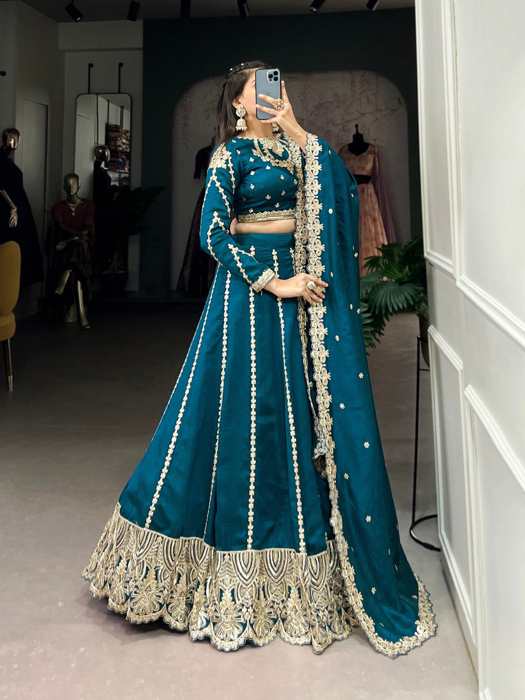 Firozi Elegance – Vichitra Silk Embroidered Lehenga Set