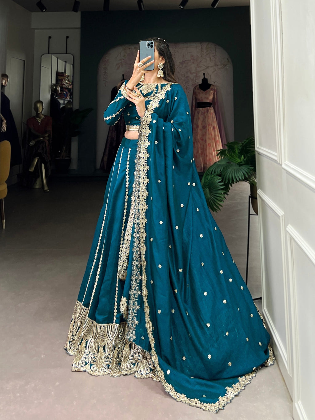 Firozi Elegance – Vichitra Silk Embroidered Lehenga Set