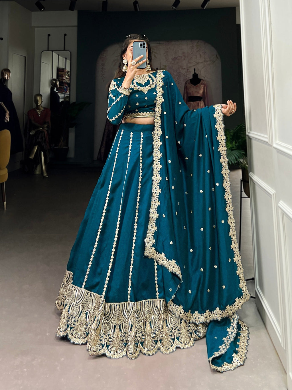 Firozi Elegance – Vichitra Silk Embroidered Lehenga Set