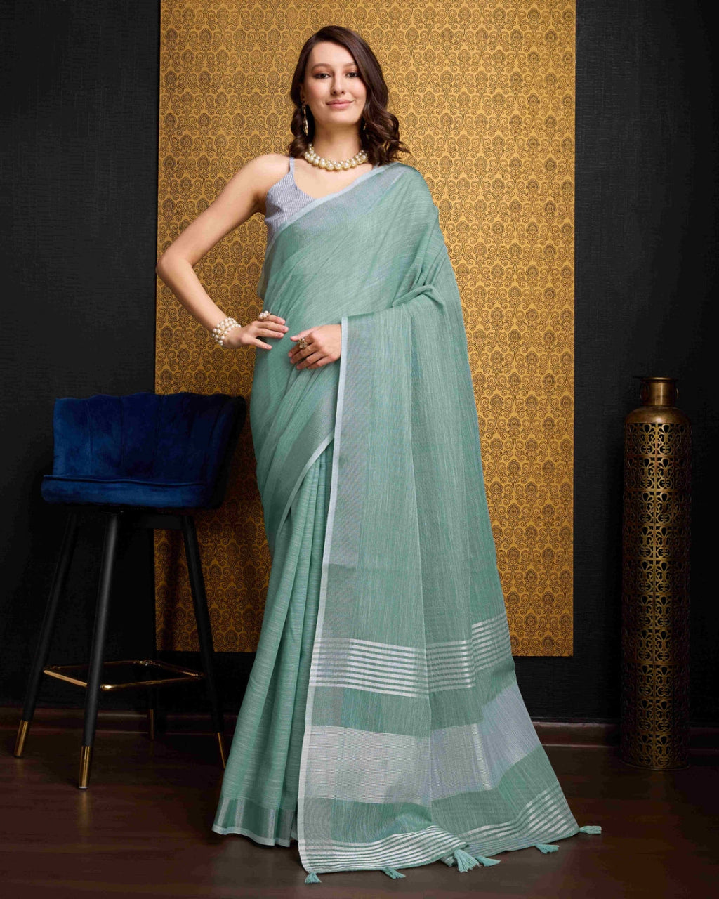 Firozi Elegant Solid Saree with Zari Border – Timeless Grace