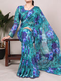 Firozi Floral Printed Weightless Marble Saree with Lace Border & Matching Blouse