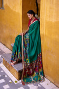 Firozi Polyester Viscose Chanderi Saree with Kalamkari Print & Zari Weaving