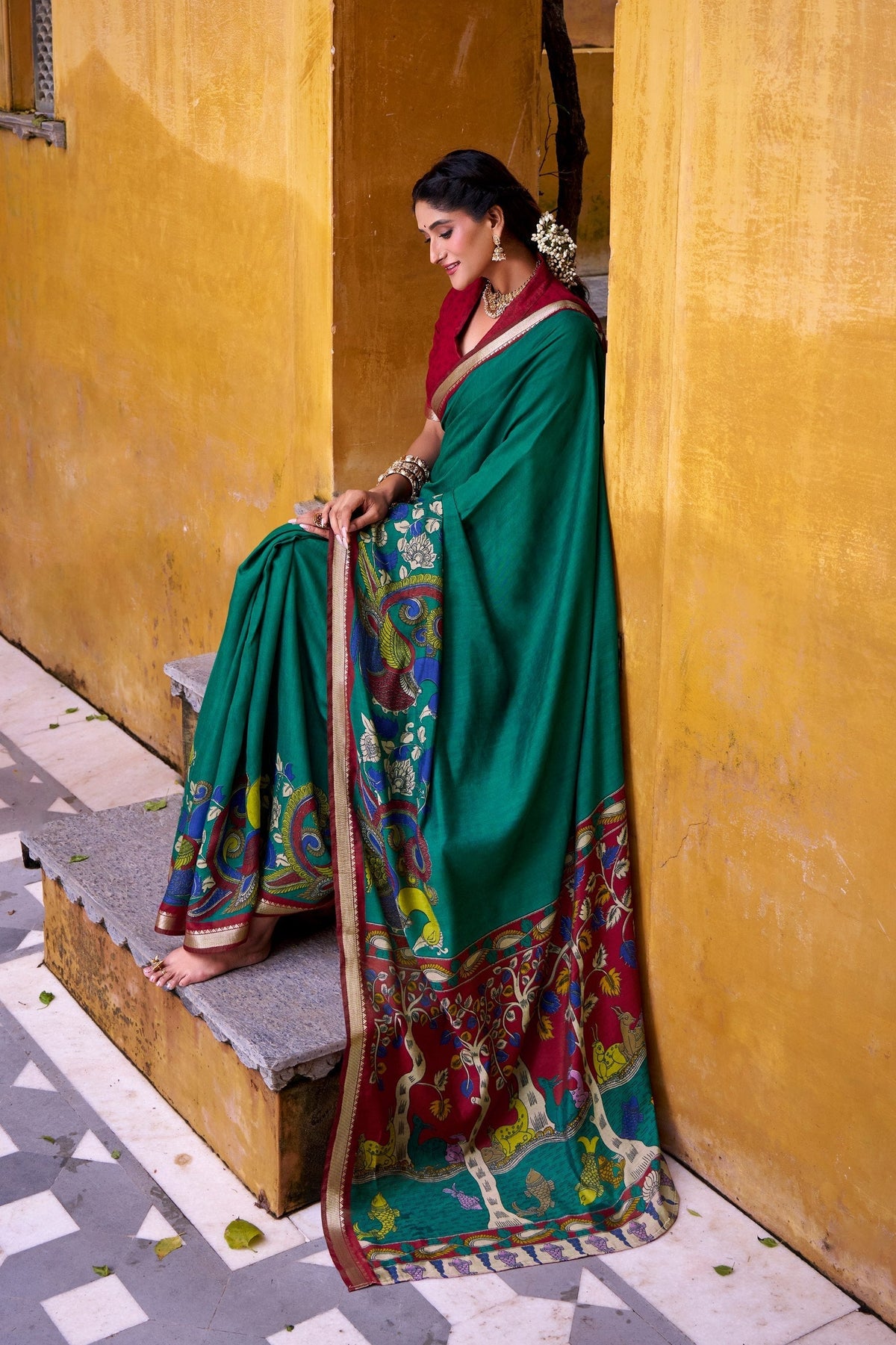 Firozi Polyester Viscose Chanderi Saree with Kalamkari Print & Zari Weaving
