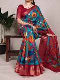 Firozi Tussar Silk Printed Saree with Zari Weaving Work & Viscose Border Blouse