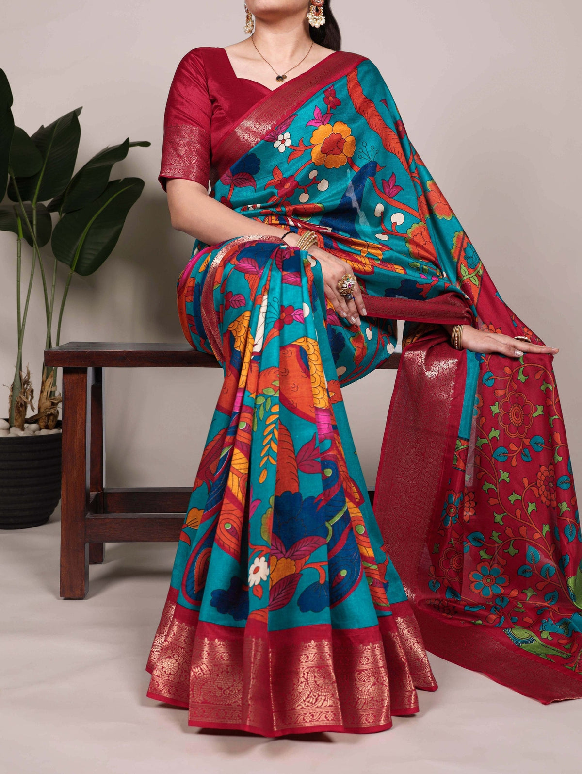 Firozi Tussar Silk Printed Saree with Zari Weaving Work & Viscose Border Blouse