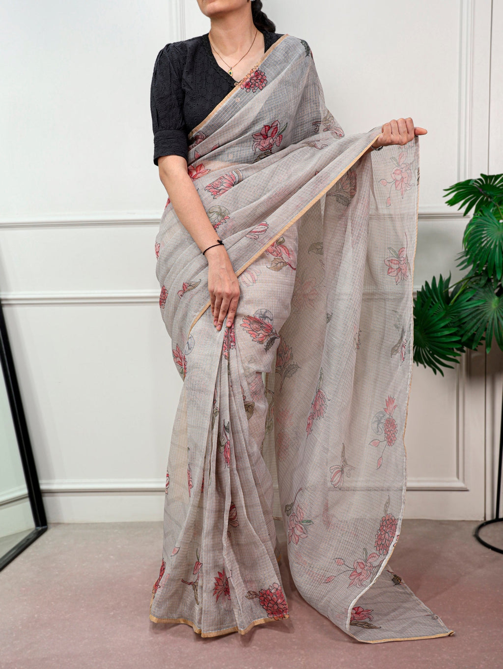 Floral Print Kota Doria Saree