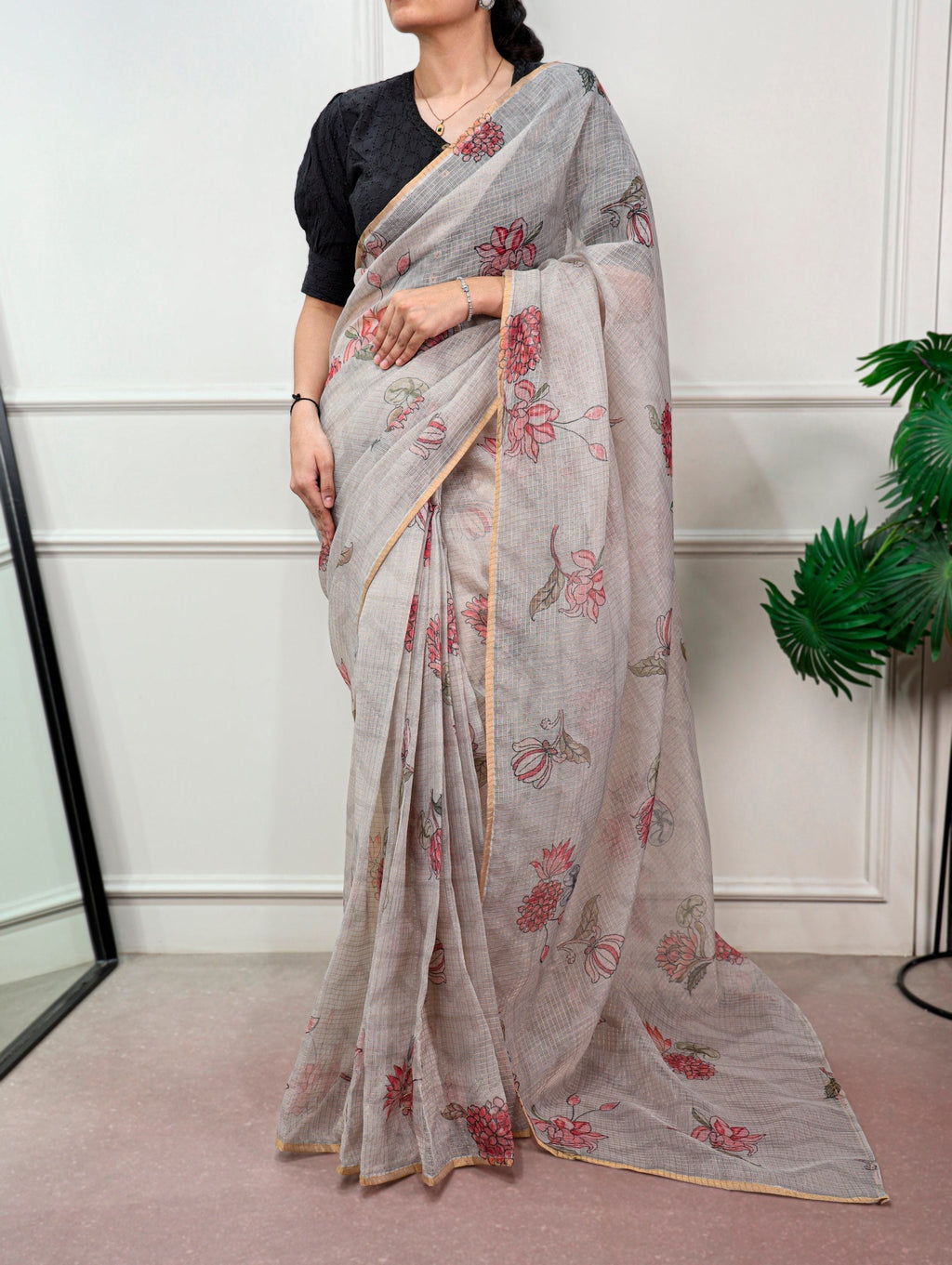 Floral Print Kota Doria Saree