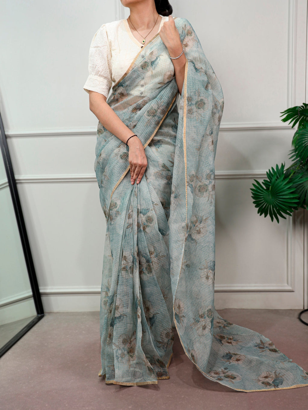Floral Print Kota Doria Saree