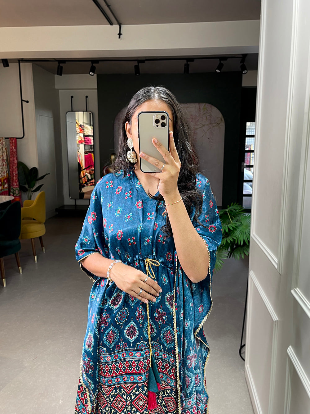 Teal Color Digital Print With Gotta Patti Lace Border Gaji Silk Kaftan