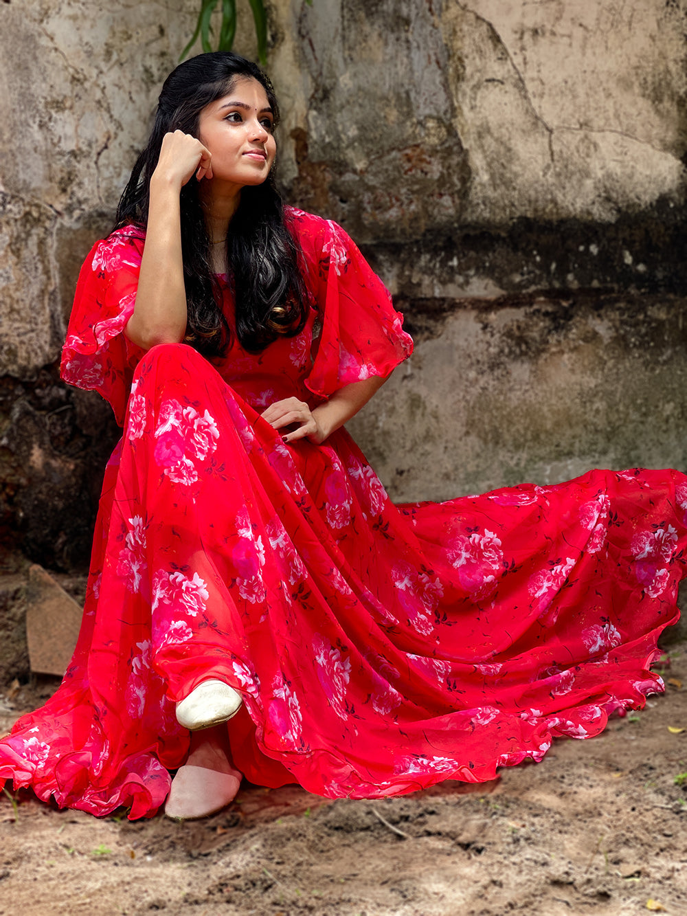 Red Color Digital Printed Georgette Gown
