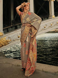 Gray Elegant Banarasi Silk Blend Woven Saree with Unstitched Blouse Piece