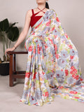 Gray Elegant Floral Printed Dull Satin Saree with Moonga Silk Blouse