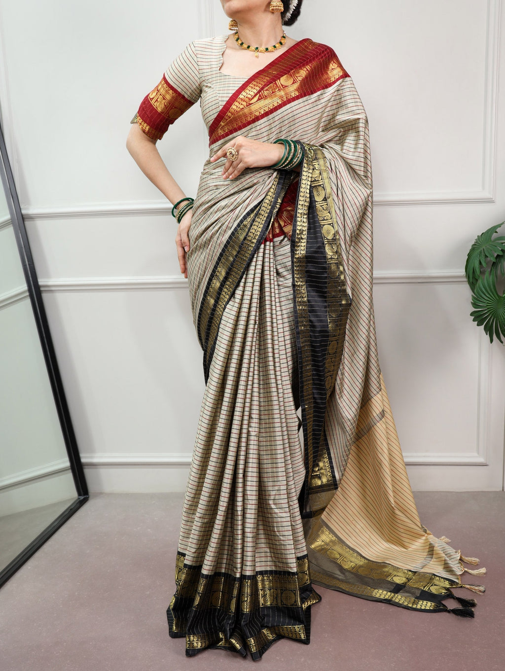 Gray Silk Checks Border Saree
